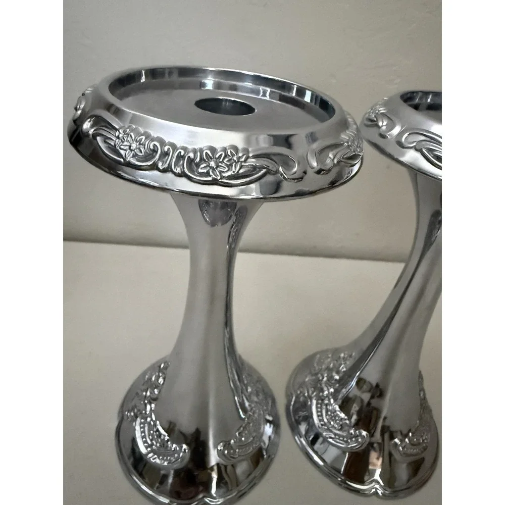 Vintage Baroque Style Cast Aluminum‎ Pillar Taper Embossed Candlesticks Pair